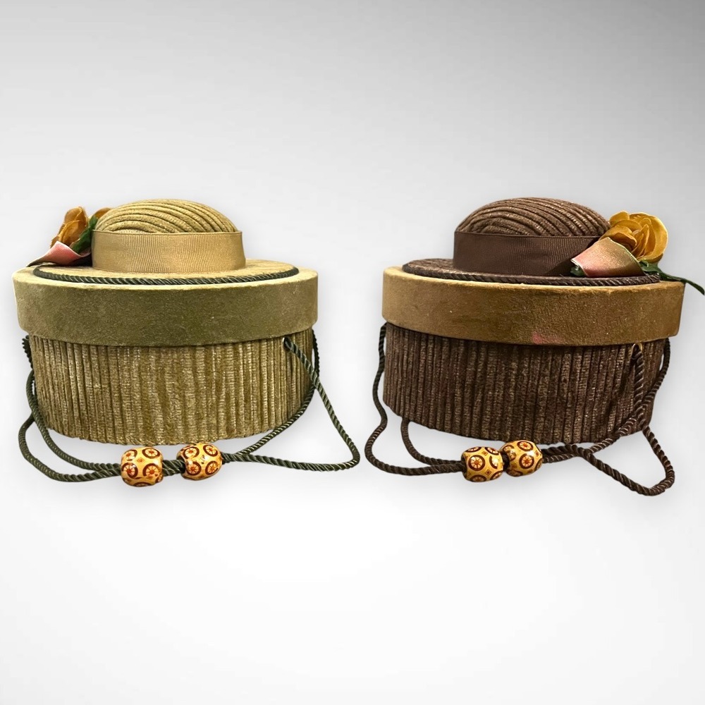 Set of 2‎ Vintage Corduroy Doll Hat Keepsake Boxes-Brown and Green | EUC